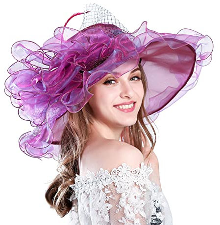 TIMIYUYU Elegante Sonnenhüte Organzablumen Hut Damen Sommerhut Frauenorganza Hut Damenhut Strandsonnenschutz Wide Brim Sommer Strand Hut Organzahut Fascinator Hut für Strand (Z3-Hot Pink, One Size)