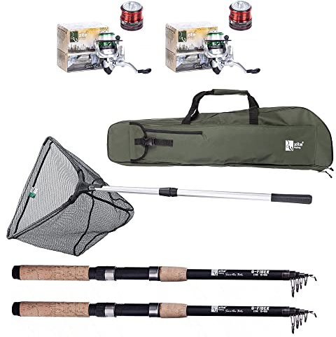 Zite Fishing Angelset Karpfen & Aal / 2 Teleskop-Ruten 270cm / 2 Allround Angelrollen Bespult / 1 Rutentasche Angeln 100cm / 1 Kescher Gummiert 160cm