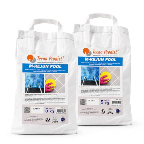 Tecno Prodist - M-REJUN POOL (Saco 2 x 5 Kg) Mortero flexible para sellado de juntas de baldosas y gresite en piscinas, ceramica, ladrillo, etc, apto para inmersión permanente (Junta 2 a 20 mm) Blanco