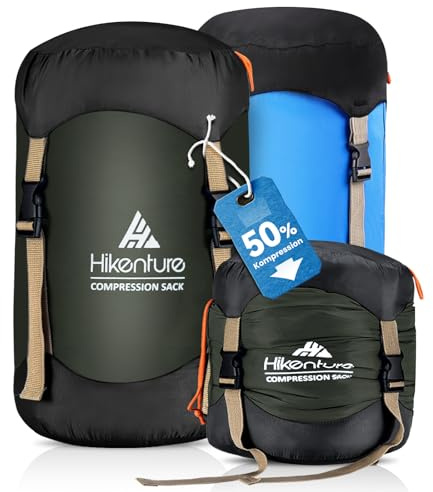 HIKENTURE Kompressionspåse 10 L/14 L/20 L/30 L, 50 % mer lagringsutrymme! Vattentät och ultralätt kompressionspåse för sovsäck, förvaringsväska för camping, utomhus, vandring, resor (mörkgrön 30 l)
