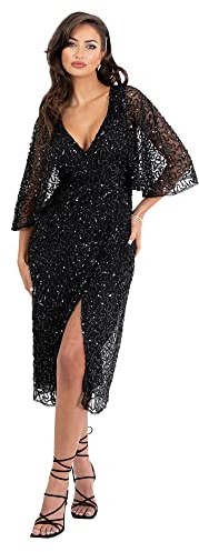 Womens Midi Dress Ladies Sequin Embellished Cape Sleeve Wrap Dress for Wedding Guest Bridesmaid Cocktail Prom Evening