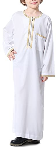 KRUIHAN Abaya für Jungen – Islamische Gebetskleidung Kinder mit Front-Reißverschluss, Goldstickerei am Kragen und Ärmeln, 2 Seitentaschen, Langarm, in Weiß und Schwarz, Größen 130 bis 150 cm