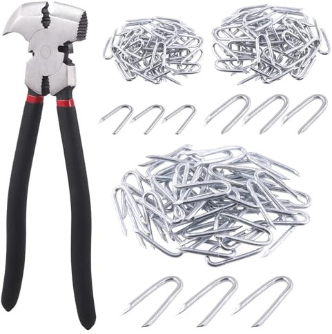 Keadic Juego surtido de 151 grapas de alambre de acero galvanizado con alicates de valla, clavos en forma de U de 20 mm, 30 mm, 40 mm de longitud y herramientas de valla de alambre de púas de 10