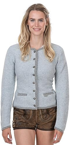 Damen Trachten Strickjacke blau/grau – Elegante & taillierte Dirndl-Jacke/Trachtenjacke aus Wolle Jana (42)