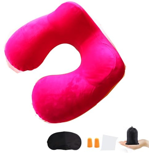 Constefire Cuscino da Viaggio Gonfiabile a 2 Supporti,Cuscino per il Collo Ergonomico con Tappi per le Orecchie e Maschera per gli Occhi Ideale per viaggiare in aereo,auto e treno (rosso)