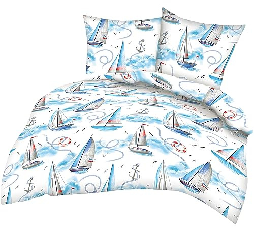 2-teilige Seersucker Bettwäsche 135x200cm und 80x80cm Segelschiff (817/1) | Maritime, Anker, Wolken - Bettgarnitur, 100% Baumwolle, bügelfrei, Reißverschluss