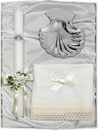 Estuche de Bautizo de Vela con Lazo, Paño de Lino y Concha Bautismal Plateada, de medidas 14x11 cm. Con Personalizado. (09670-P)