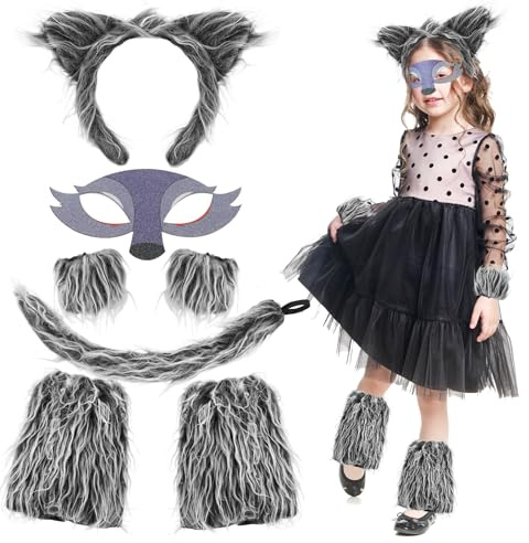 XEPST 7 Stück Tier Wolf Kostüm Set, Wolf Ohren und Schwanz Kostüm Set mit Pelzigen Wolf Stirnband Flauschige Wolfspfoten Wolf Schwanz Wolf Maske für Tierkostüm Cosplay Geburtstag Halloween Kostümparty