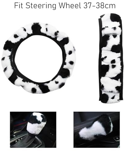 Ensemble de voiture en peluche 3 pièces avec motif vache noire et blanche : volant doux, moelleux et chaud, housse de frein à main ; antidérapant, respirant ; adapté aux roues de 38 cm, parfait pour