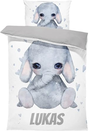 Pictogogo Personalisierte Baby Bettwäsche mit Elefant 80x80 cm, Wählbare Unterfarbe aus Baumwolle, Kinderbettwäsche Mit Namen, Babybett Komplett Set Mit Reißverschluss (Elefant, 80 x 80 cm)