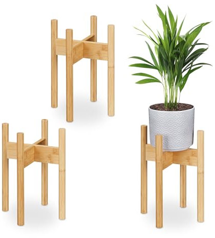 Relaxdays Pflanzenständer Bambus, 3er Set, Übertopfständer innen, Blumentöpfe bis D: 20 cm, Pflanzentopfhalter, natur