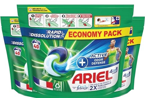 Ariel Waschmittelkapseln 4in1 - Aktive Geruchsbekämpfung - 120 Waschgänge (Unparfümiert, 3 x 40 Pods)