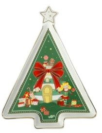 Brandani 84566 VASSOIETTO ELFOMAGIA ALBERO C/STELLA NEW BONE CHINA, cm 16x21,5, decori natalizi nelle tonalità di bianco, verde, rosso, Lavastoviglie, Microonde, Forno, Freezer