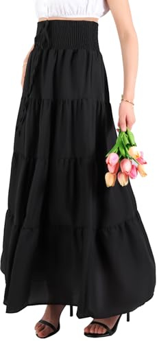 MYSSUCI lång kjol damer sommar chiffong bohemisk maxikjol elastisk sommarkjol med hög midja enfärgad strandklänning, svart, L