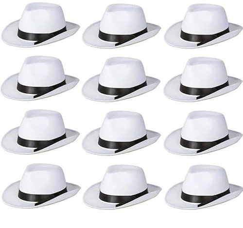 Lot de 12 chapeaux de gangster – Chapeau trilby blanc avec bande noire – Accessoires de déguisement de détective de mafia des années 1920 et 1940 – Chapeau de détective privé Gatsby le Magnifique