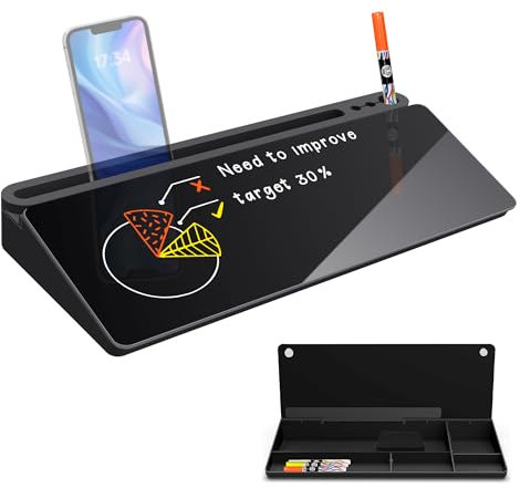 Sliandtelly Lavagna bianca da scrivania con contenitore, 40 x 18 cm, lavagna in vetro e base nera, 3 pennarelli a gesso, lavagna da scrivania per appunti rapidi, sostituisce note adesive, organizer