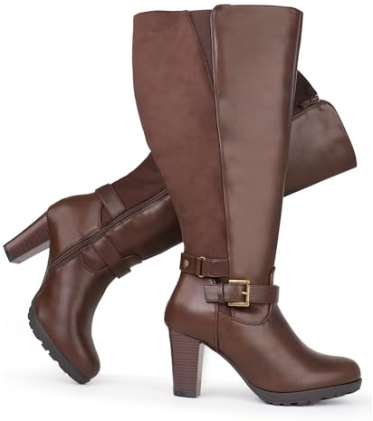 Chicblooms Botines de mujer de talla grande, con talle alto, tacón alto, con hebilla en el tobillo, marrón ante, 40 EU