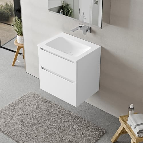 BERNSTEIN Badmöbel-Set Vireo, Waschtisch-Unterschrank mit Mineralguss-Waschbecken 60cm in Weiß matt - Cream - Weiß matt ohne Hahnloch - 2 Schubladen, Badmöbel, 5 Jahre Garantie