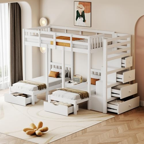 WIZBED Etagenbett Kinderbett für 3 Personen, Hochbett mit Treppe und 6 Schubladen, Dreierbett mit klein Nachttisch, 90x200 & 2 Liegefläche 140x70,Weiß Ohne Matratze