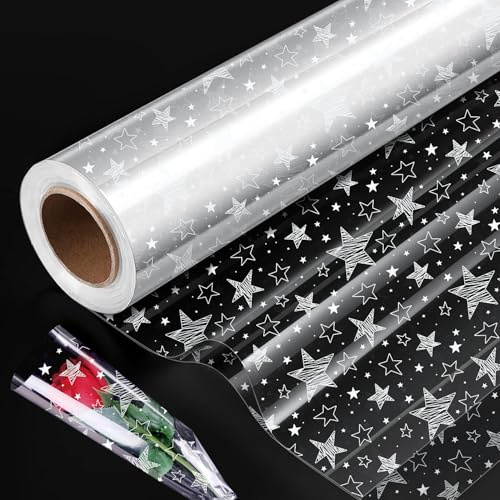 80cm*15m Cellophane Wrap Roll,DXTXTJ Clear Cellophane Wrap for Hampers,White Star Transparent Cellophane Roll,Clear Wrapping Paper for Present Birthday Christmas Decoration