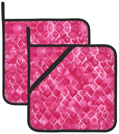 BROLEO Set di 2 presine da 20,3 x 20,3 cm, resistenti al calore e durevoli, accessori da cucina con tessuto impermeabile, stampa a cuori rosa