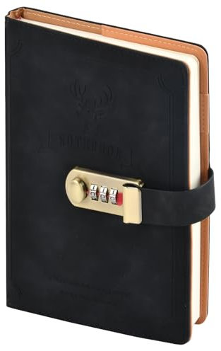 Gudalea Journal with Lock, 256 Pages Password Notebook for Men and Women, PU Leather Journal, Leather Hardcover, for Travel, Organize, Note Take, Plans (Black)