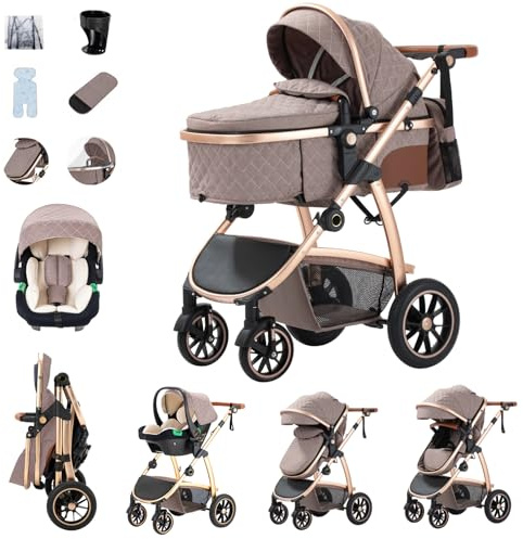 Zkiprm 3-in-1 Travel System, Baby Pram with Adjustable Armrests, Newborn Pram Set with Seat, Portable Folding Baby Stroller | High Aluminum Frame | Complete Accessories | for 0-4 Years （Khaki）
