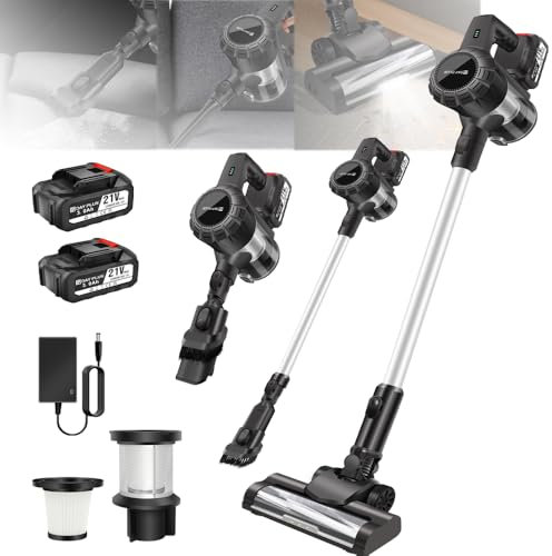 6 IN 1 Cordless Vacuum Cleaner, 550W 45KPA Cordless Stick Vacuum with 2 Batteries, LED Display, Self-Standing Vacuum, Lightweight Vacuums Handheld Bagless Vacuum Cleaners for Pet Hair/Carpets/Floors