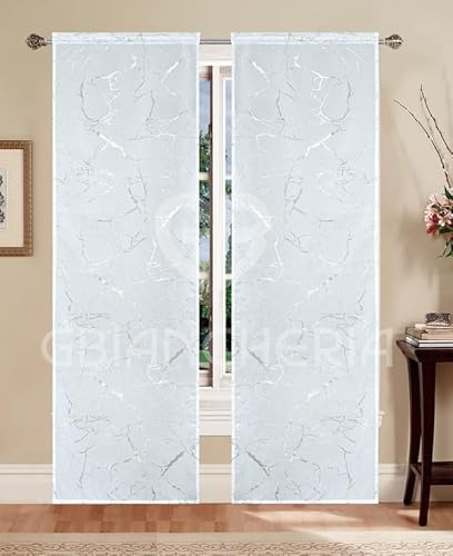 GBiancheria Coppia Tende Lorella con Stampa Metallizzata color Argento 60x150 60x240 per Finestre e Portefinestre Pronte da Appendere (60x240 cm)