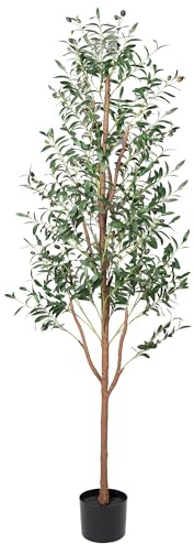 CQURE 7FT Artificial Olive Tree, 210cm Large Faux Potted Plant with Natural Wood Trunk & Lifelike Fruits, Realistic Fake Tree for Indoor & Outdoor, Home Office, Living Room, Garden, Balcony Decor ﻿