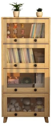 Bücherregal 4-stufiges, bodenstehendes Bücherregal, Aufbewahrungsregal aus Holz mit Glastür mit Klappdeckel, for das Büro, Zuhause, Studium, Organizer, Präsentationsständer Bücherturm(L60xW30xH162 cm)