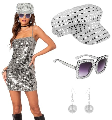 Matreeglam 3-teiliges Disco-Partyhut-Set für Damen, Abba-Paillettenhut mit Sonnenbrille, Glitzer-Zubehör, Hippie-Kostüm-Zubehör, Themenparty, Fasching, Halloween, Geburtstag, Tanz, Weiß