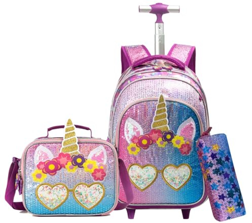 Egchescebo Kinder Rucksack mit Rollen Kinderkoffer 17” Mädchen für Koffer Schultrolley Kindertrolley Trolley Groß Schultasche Handgepäck Kindergepäck 3pcs Sätze Geeignet für Grundschüler Einhorn Lila