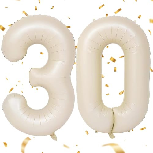 EWODEIEW Ballon en forme de chiffre 30 - Beige - 101 cm - Blanc sable - Ballon à l'hélium - Décoration d'anniversaire pour hommes et femmes - 30e anniversaire