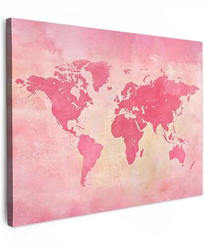 MuchoWow© Leinwandbild Dekoration Wohnzimmer Bilder Pictures Wall | 80x60 cm - Decoration Living Room Wohnungs Deko Moderne Bild Weltkarte - Rosa - Unscharf