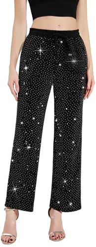 PEIQI Women High Elastic Waist Wide Leg Palazzo Pants Bling Glitter Casual Loose Long Sparkle Pant Trouser, Black Silver, Large