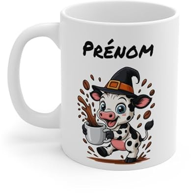 Teecustom Mug Personnalisé Chat Sorcier Halloween 325ml – Tasse Céramique Prénom Chat Noir et Café – Cadeau Original Fête d’Halloween (Vache)