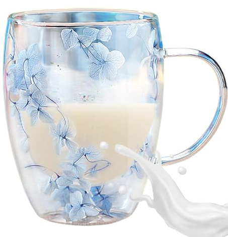 da caffè a doppia parete con fiori secchi, 350 ml, da caffè in a doppia parete con fiori, tazze da caffè in a doppia parete con manico, strato isolante, tazze da caffè da tè