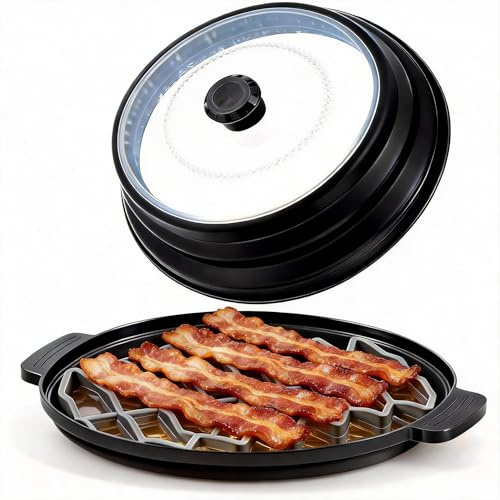 3-Piece Microwave Bacon Cooker and Splatter Cover Set - Collapsible Microwave Lid with Silicone Grease Draining Rack and Oil Collection Tray - BPA-Free Crispy Bacon Tray for Healthier Cooking