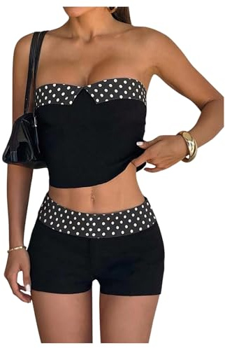 SHENHE Women's 2 Piece Strapless Tankini Swimsuit Y2K Polka Dots Bandeau Bathing Suit with Shorts Black X-Small