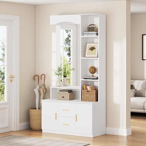 Fppuueg Juego de Perchero 90x40x180 cm Conjunto de Perchero Entrada Recibidor con Espejo y Estante, Perchero de Pasillo con 2 Cajones y Almacenamiento, Mueble de Entrada Multifuncional, Blanco