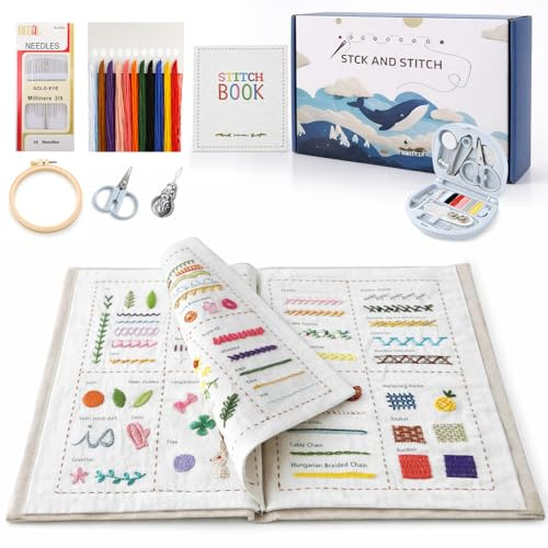 Kit Bordado Principiantes con 143 Patrones – Kit Manualidades Adultos Completo con Hilos, Agujas y Mini Costurero | Embroidery Kit DIY para Aprender a Bordar Paso a Paso