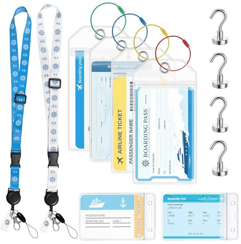 Ehanfus Artículos Esenciales de Crucero, 4 Etiquetas para Equipaje de Crucero, 2 Cordones con Fundas para Tarjetas, 4 Ganchos Magnéticos, Etiquetas Maletas Viaje (Estilo A)
