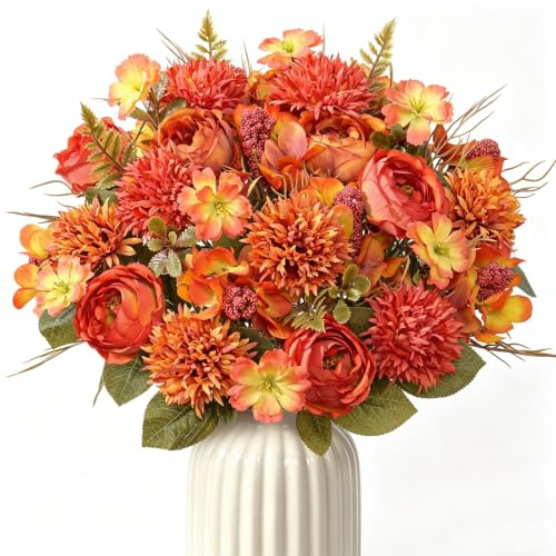 DEMIUKO 2 fiori artificiali di peonia con crisantemo arancione, decorazione autunnale | Fiori finti, ortensia finta, fiori di seta per vaso, centrotavola, festa di nozze, casa, cucina, decorazioni autunnali