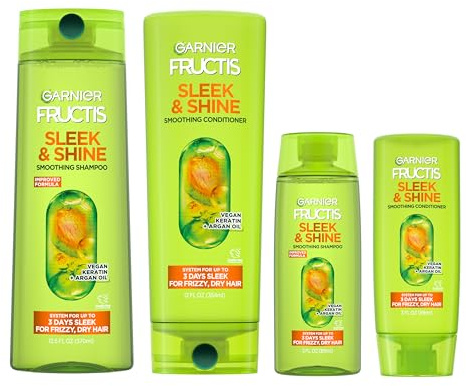 Garnier Fructis Sleek & Shine Full + Travel Size Shampoo (12.5 & 3 Fl Oz) + Conditioner (12 & 3 Fl Oz) Set for Frizzy, Dry Hair, Plant Keratin + Argan Oil (4 Items), 1 Kit (Packaging May Vary)