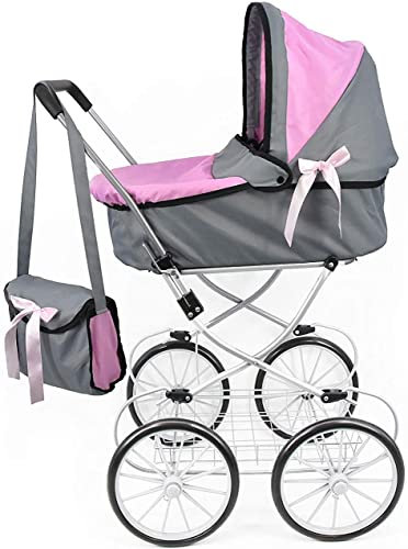 The Magic Toy Shop BiBi Doll Baby Doll Pram Toy In Pink With Storage Basket, Carry Bag For Girls Boys Ages 3 To 10 Years - Cambridge Dolls Pram Toys, Baby Doll Accessories, Dolls Pushchair, Dolls Cot
