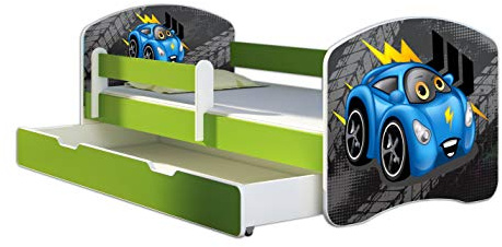 ACMA Kinderbett 140x70 Jugendbett mit Einer Schublade und Matratze, Farbe Grün, Rausfallschutz Lattenrost II Spielbett Kinderzimmer Möbel, 04 Blaue Auto