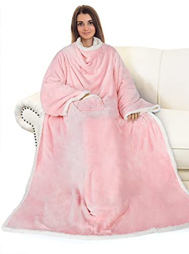 Catalonia Classy Decke mit Ärmeln als Geschenk für Frauen Herren, Flauschig Sherpa Kuscheldecke mit Ärmel, Cozy Ärmeldecke Warm Decke zum Anziehen Erwachsene, 185 x 140 cm Rosa