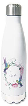 GRAZDesign Thermosflasche 500ml mit Namen personalisiert aus Edelstahl, Sportflasche Trinkflasche für Frauen & Mädchen Motiv zarte Blumen mit Kolibri