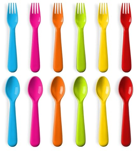 PLASKIDY Plastic Toddler Utensils Set of 12 Kids Utensils Forks and Spoons - BPA FREE/Dishwasher Safe Toddlers Silverware Set Brightly Colored Children's Safe Flatware Cutlery Set